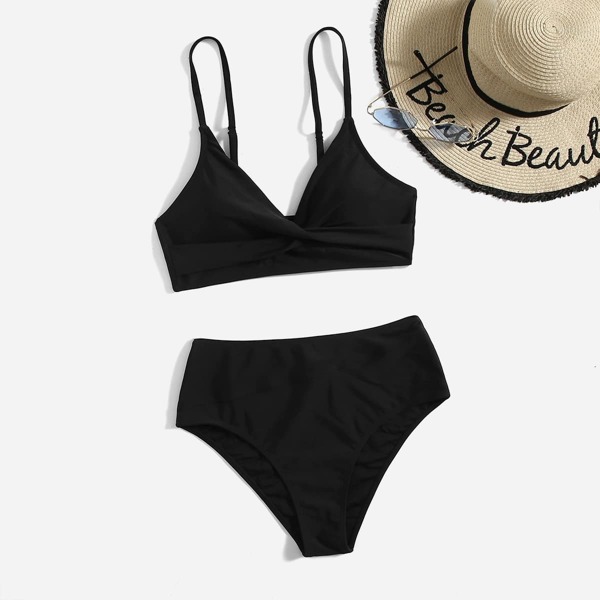 

Solid High Waisted Bikini Swimsuit, Black