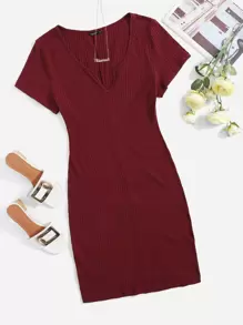 SHEIN EZwear Vestido unicolor tejido de canalé de cuello V - Granate - Ver 1