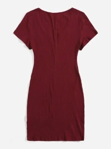 SHEIN EZwear Vestido unicolor tejido de canalé de cuello V - Granate - Ver 2