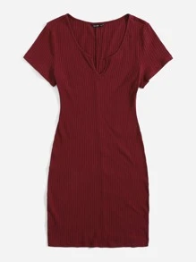 SHEIN EZwear Vestido unicolor tejido de canalé de cuello V - Granate - Ver 3