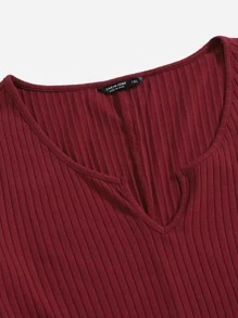 SHEIN EZwear Vestido unicolor tejido de canalé de cuello V - Granate - Ver 4