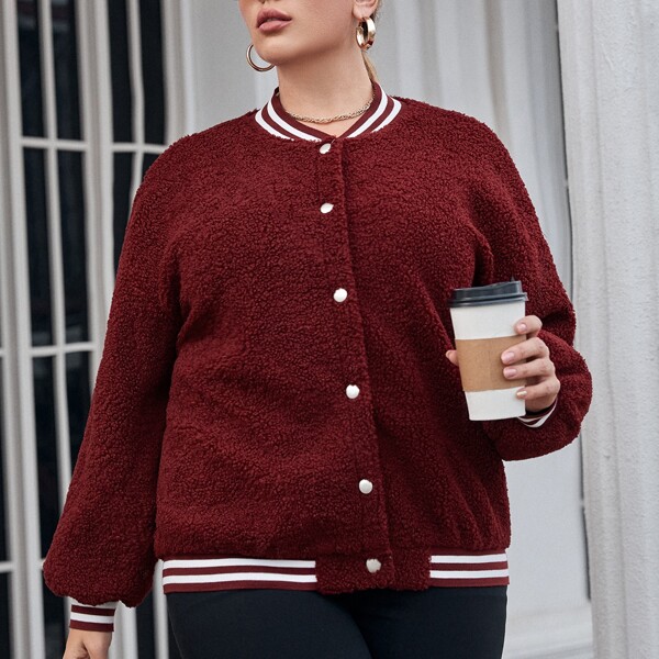 

Plus Button Front Striped Trim Baseball Jacket, Burgundy