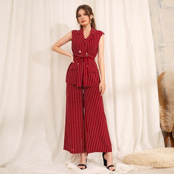 

Lapel Neck Double Breasted Belted Blazer Vest & Wide Leg Pants, Red