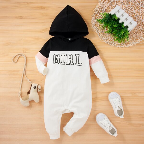 

Baby Girl Letter Colorblock Hoodie Jumpsuit, Beige