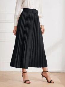 Modelyn 纯色系腰带百褶裙长款女装 - 黑色 - 查看 5
