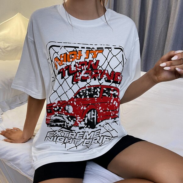 

Car And Letter Graphic Oversized Tee, White