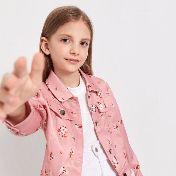 

Girls Floral Print Flap Detail Jacket, Baby pink