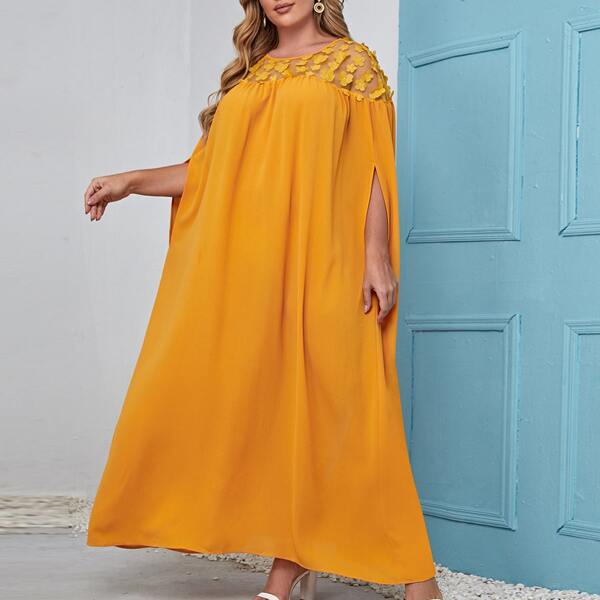 

Plus 3D Appliques Sheer Mesh Yoke Cloak Sleeve Dress, Mustard yellow