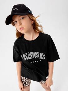 SHEIN Girls Letter Graphic Drop Shoulder Tee & Leopard Print Shorts - Multicolor - View 3
