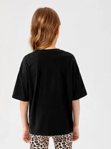 SHEIN Girls Letter Graphic Drop Shoulder Tee & Leopard Print Shorts - Multicolor - View 2