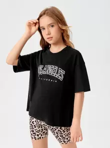 SHEIN Girls Letter Graphic Drop Shoulder Tee & Leopard Print Shorts - Multicolor - View 1
