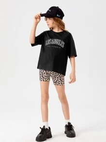 SHEIN Girls Letter Graphic Drop Shoulder Tee & Leopard Print Shorts - Multicolor - View 4