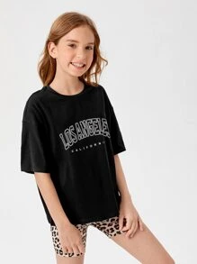 SHEIN Girls Letter Graphic Drop Shoulder Tee & Leopard Print Shorts - Multicolor - View 5