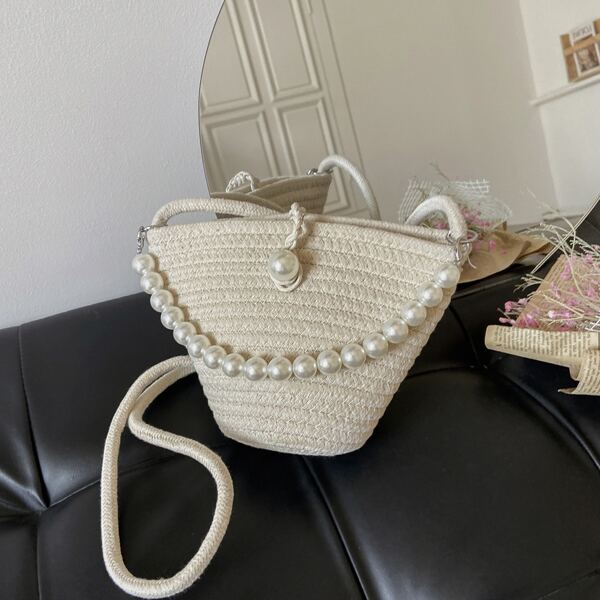 

Faux Pearl Decor Straw Bag, Beige