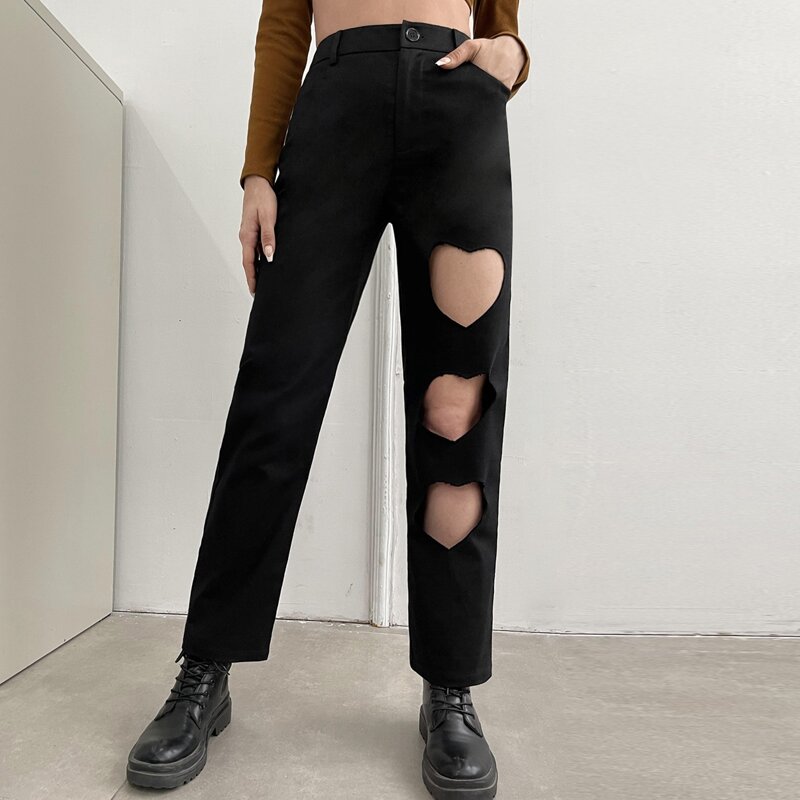 

Heart Cut Out Solid Pants, Black