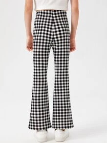 SHEIN Tween 女孩休閒格紋開衩喇叭褲
