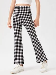 SHEIN Tween 女孩休閒格紋開衩喇叭褲
