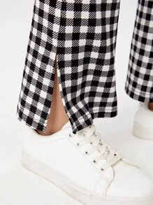 SHEIN Tween 女孩休閒格紋開衩喇叭褲