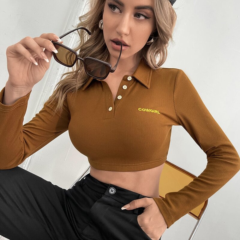 

Letter Embroidery Half Button Crop Tee, Brown