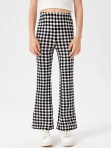 SHEIN Tween 女孩休閒格紋開衩喇叭褲
