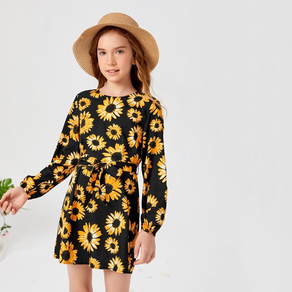 

Girls Sunflower Print Belted Tunic Dress, Multicolor