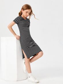 SHEIN Niñas Vestido de rayas bajo con abertura - Negro - Ver 1