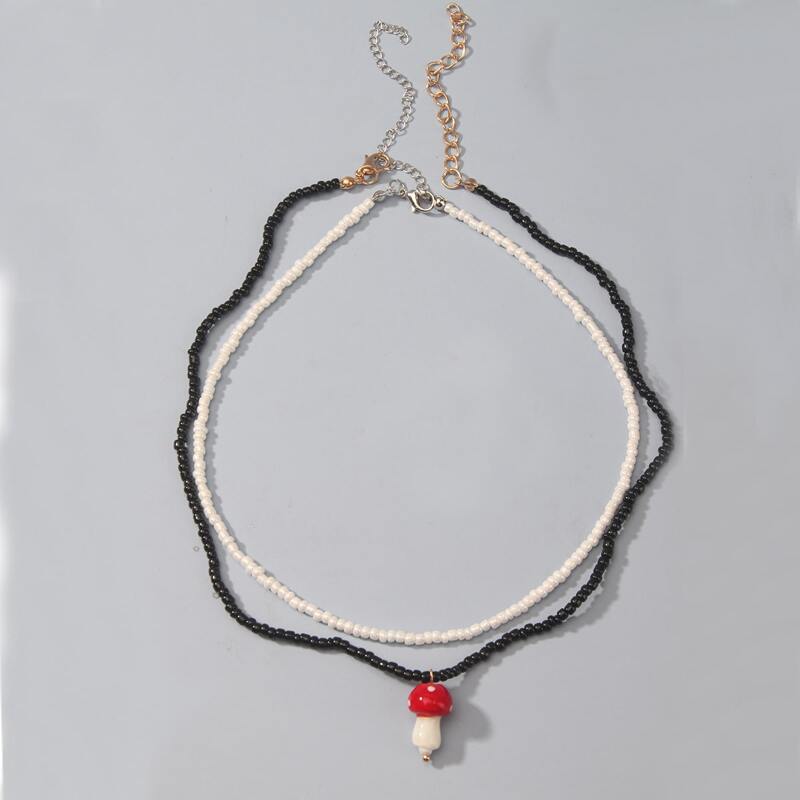 

2pcs Mushroom Pendant Beaded Necklace, Black