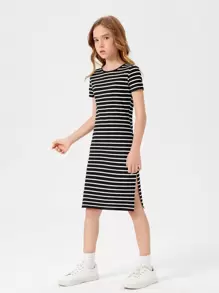 SHEIN Niñas Vestido de rayas bajo con abertura - Negro - Ver 4