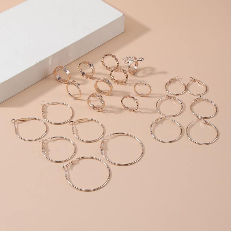 

12pcs Minimalist Earrings & 10pcs Ring, Gold