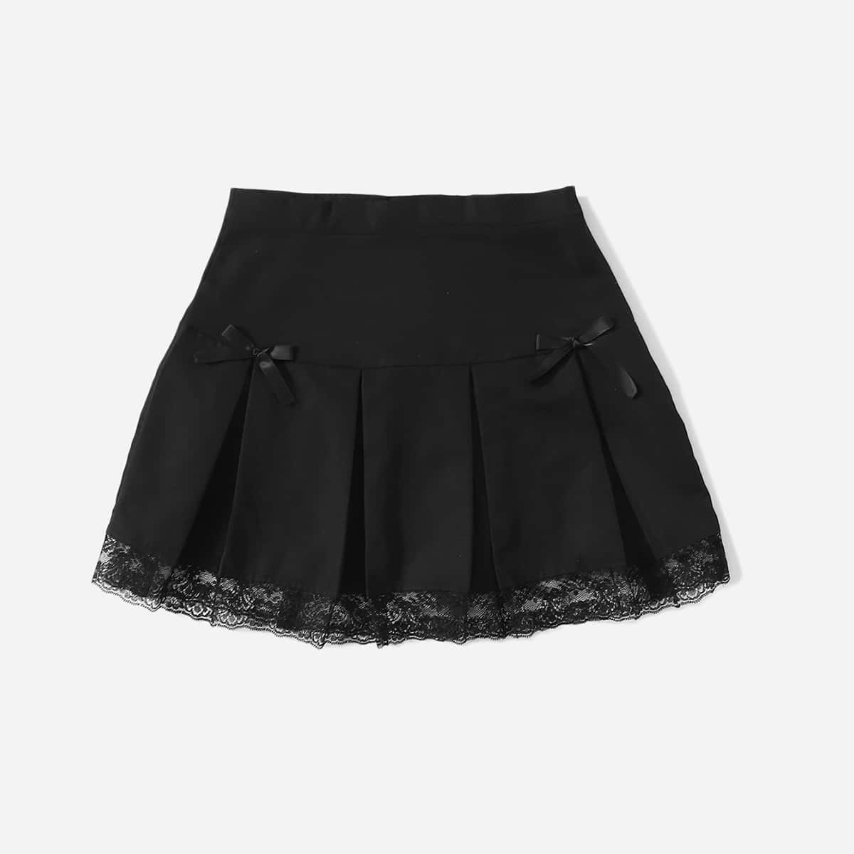 

Contrast Lace Pleated Bow Skirt, Black
