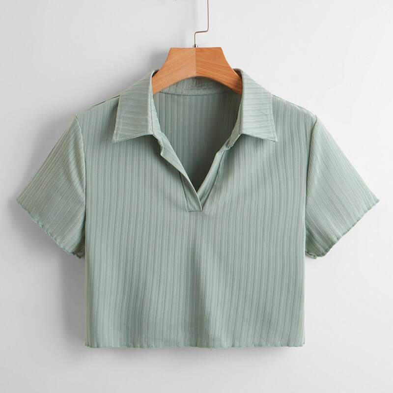 

Solid Ribbed Collar Crop Tee, Mint green