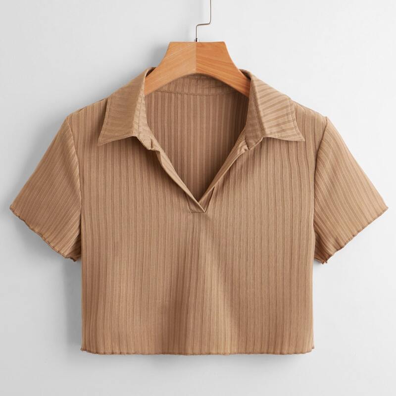 

Solid Ribbed Collar Crop Tee, Khaki