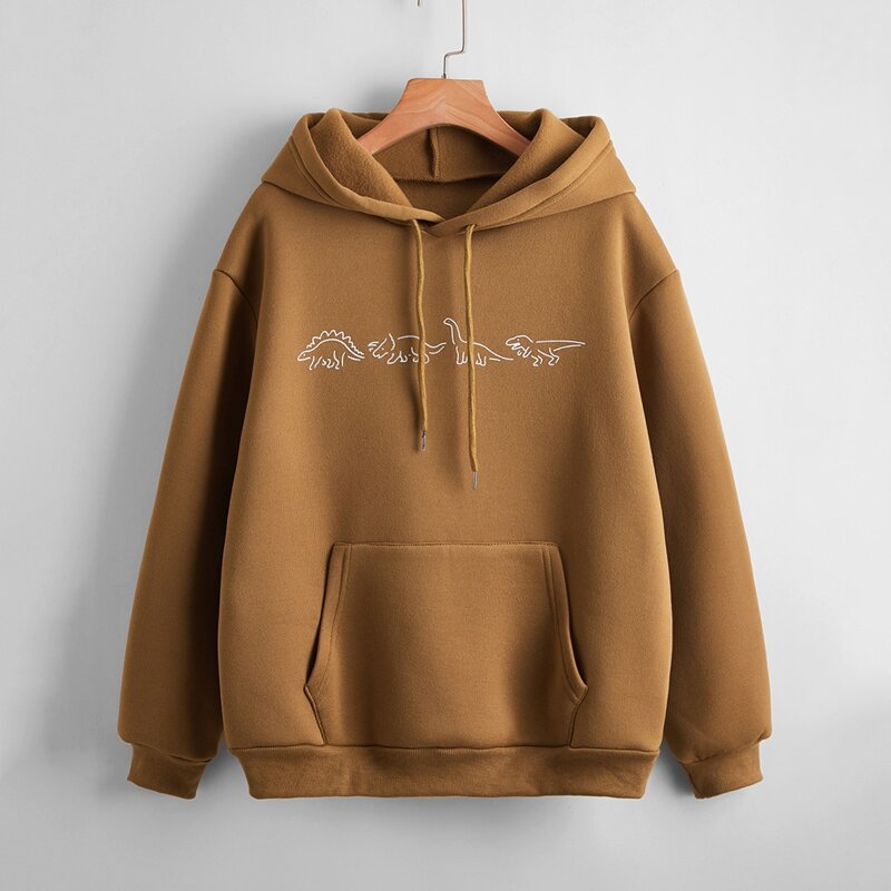 

Cartoon Dinosaur Graphic Kangaroo Pocket Hoodie, Coffee brown