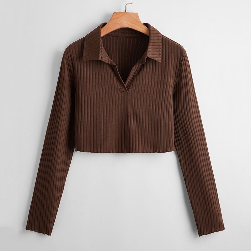

Solid Ribbed Collar Crop Tee, Chocolate brown