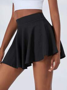 SHEIN Sports Solid Flare Sports Skirt - Black - View 1