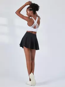 SHEIN Sports Solid Flare Sports Skirt - Black - View 3