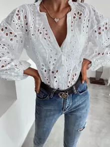 Aveloria Rosie Blusa informal con escote en pico, bordado de ojales y color liso - Blanco - Ver 5