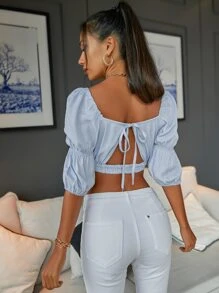 Aveloria Blusa unicolor de cuello scoop pecho con fruncido de manga fruncido - Celeste - Ver 2