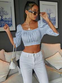 Aveloria Blusa unicolor de cuello scoop pecho con fruncido de manga fruncido - Celeste - Ver 3