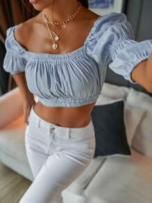 Aveloria Blusa unicolor de cuello scoop pecho con fruncido de manga fruncido - Celeste - Ver 4