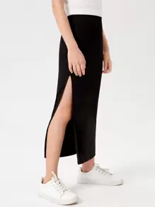 SHEIN Tween Girl Fashionable Solid Color High Split Midi Skirt, Simple Style - Black - View 1