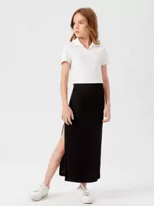 SHEIN Tween Girl Fashionable Solid Color High Split Midi Skirt, Simple Style - Black - View 3