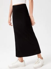 SHEIN Tween Girl Fashionable Solid Color High Split Midi Skirt, Simple Style - Black - View 4