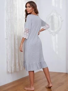 Contrast Embroidered Mesh Ruffle Hem Pajama Night Dress - Light Grey - View 2