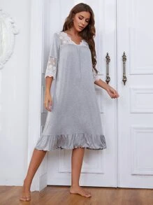 Contrast Embroidered Mesh Ruffle Hem Pajama Night Dress - Light Grey - View 3