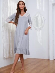 Contrast Embroidered Mesh Ruffle Hem Pajama Night Dress - Light Grey - View 4