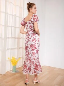 Mulvari Allover Floral Mermaid Hem Dress - Red and White - View 2