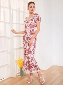 Mulvari Allover Floral Mermaid Hem Dress - Red and White - View 3