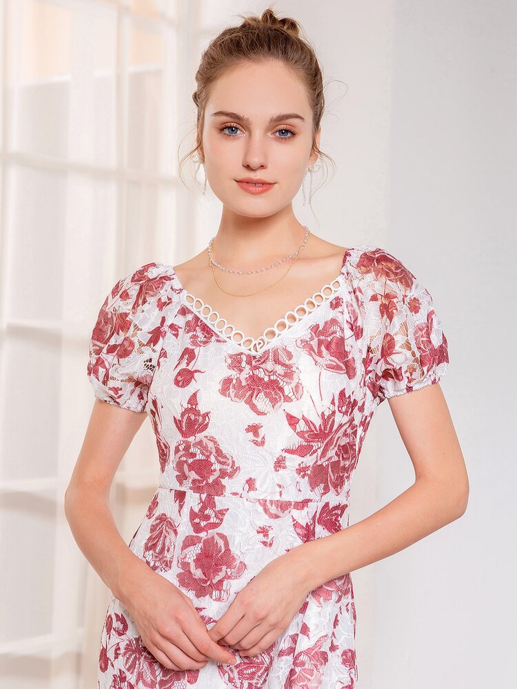 Mulvari Allover Floral Mermaid Hem Dress - Red and White - View 8