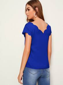 SHEIN Clasi Double V Neck Scallop Edge Top - Blue - View 2